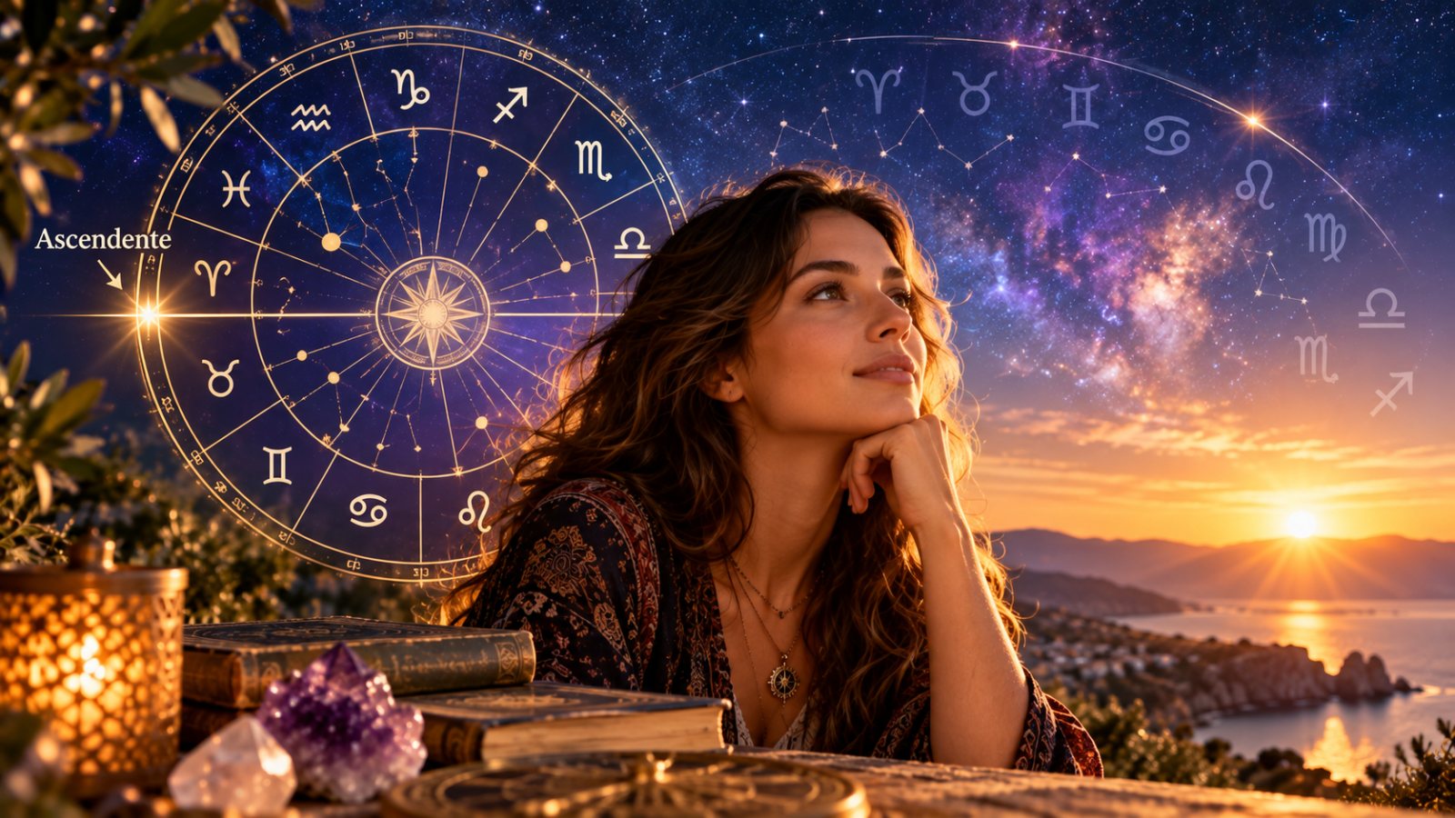 Mulher a olhar para o céu estrelado junto a uma roda do zodíaco com o ascendente assinalado