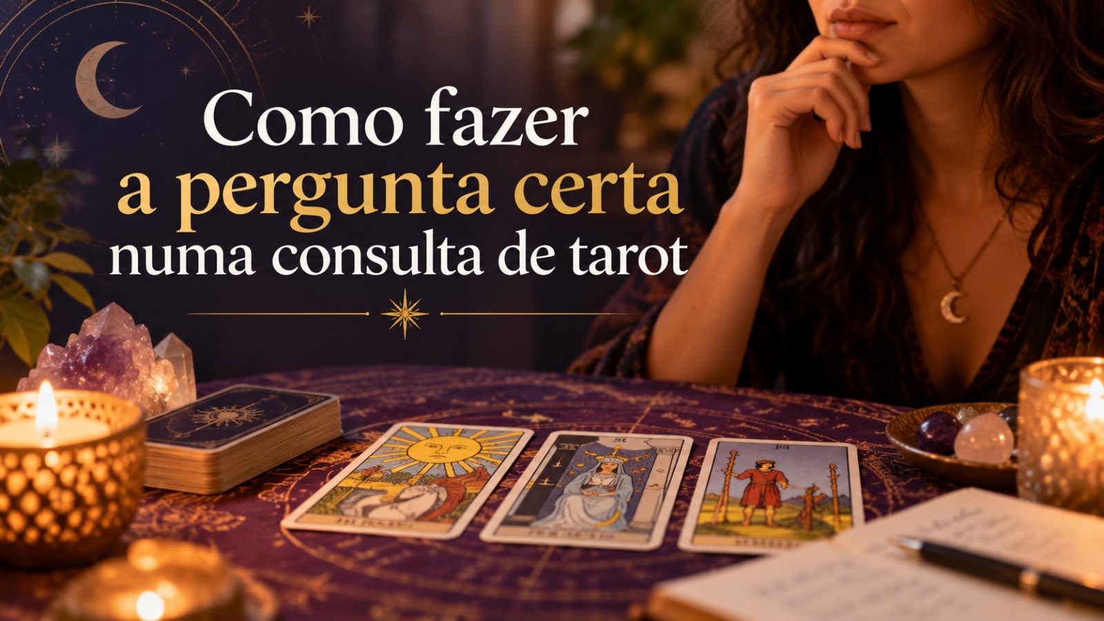 Mulher pensativa junto a três cartas de tarot sobre uma mesa com velas e cristais