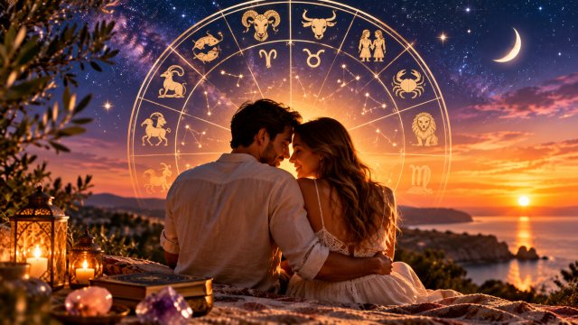 Casal abraçado ao pôr do sol diante de uma roda do zodíaco com os doze signos