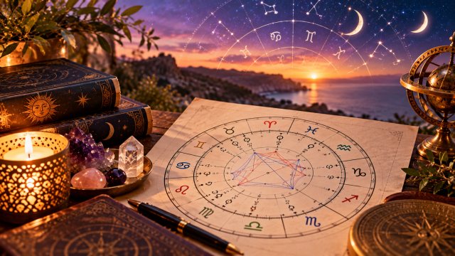 Mapa astral desenhado em papel sobre uma mesa com velas, cristais e livros, ao pôr do sol