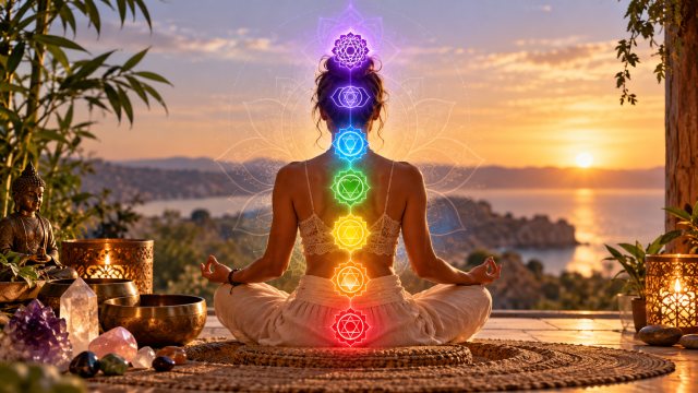 Mulher em meditação, de costas, com os sete chakras iluminados ao longo da coluna, ao pôr do sol